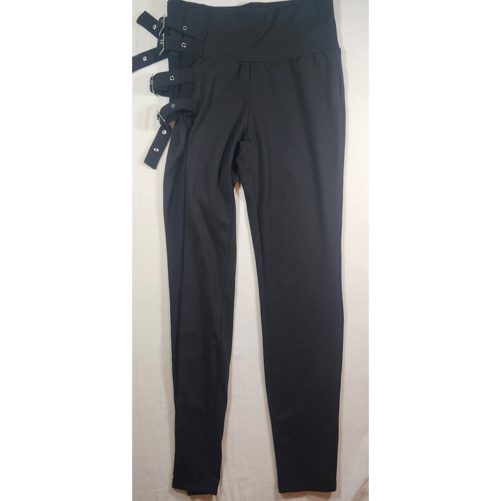 Black Buckle Strap Mesh Panel‎ High Waisted Punk Goth Leggings